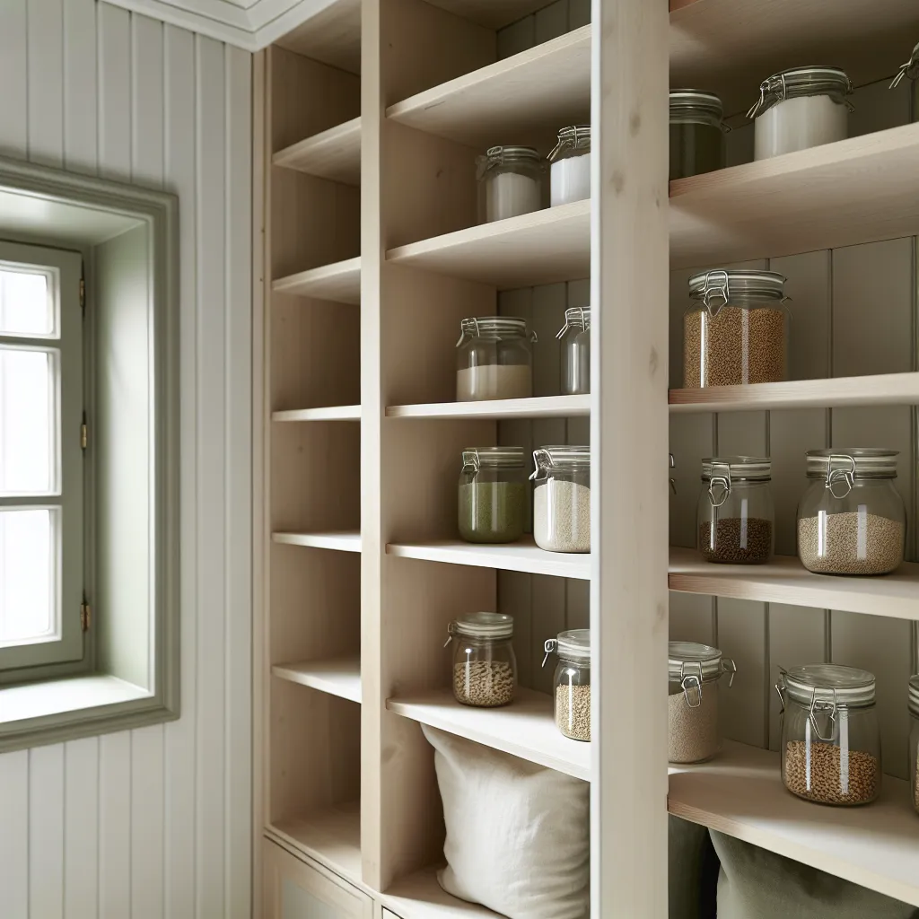 Scandinavian organized pantry with pale oak shelves